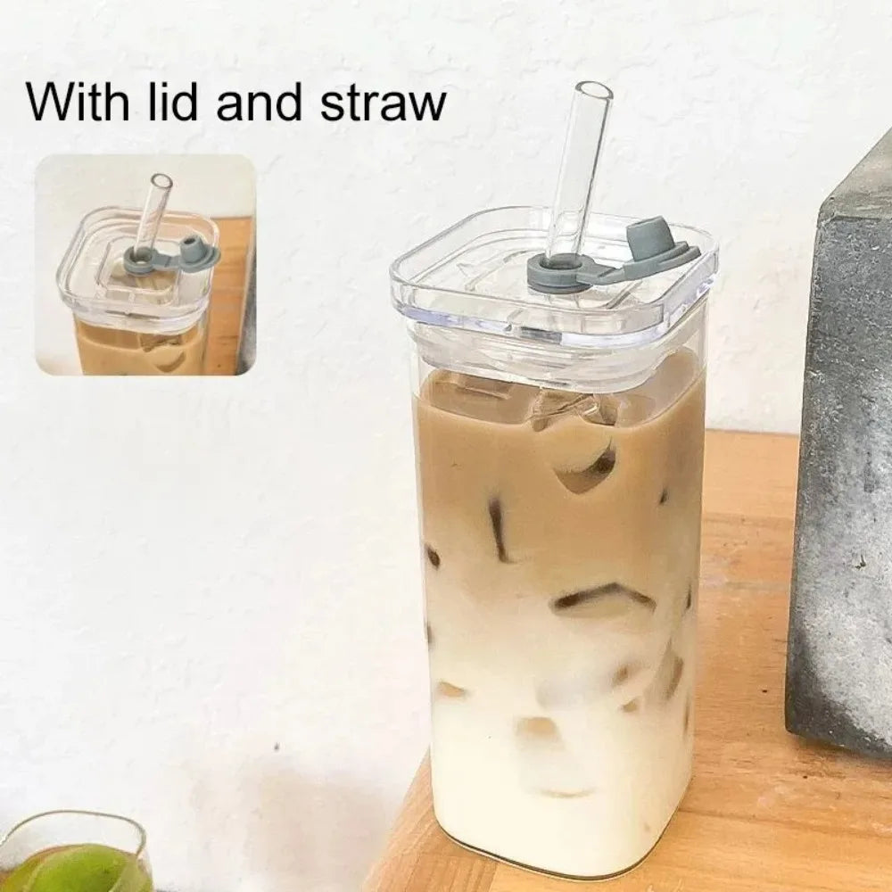 1pcs Square Heat-Resistant Coffee Glass Cup with Lid and Straw – Transparent Milk, Tea & Juice Mug for Home or Bar Drinkware