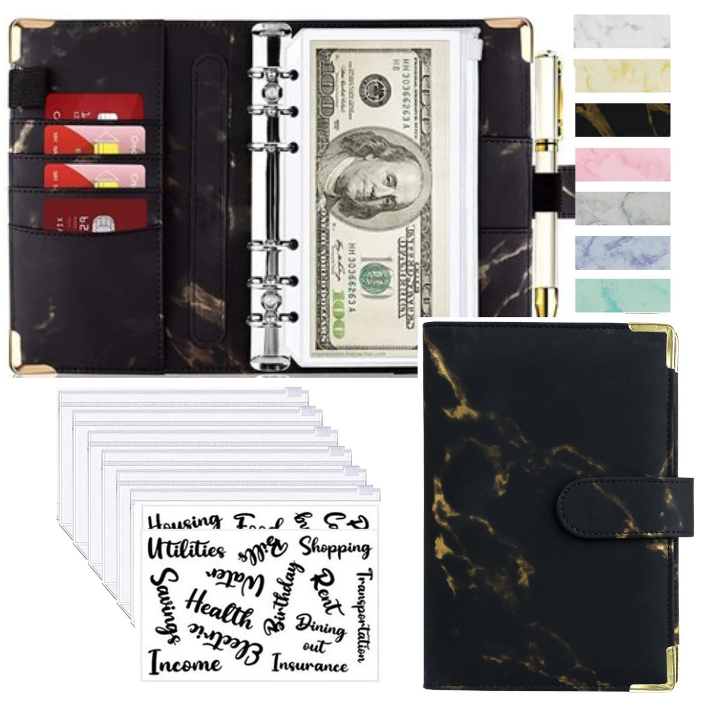 A6 PU Leather Budget Planner – Marble Notebook & Money Saving Organizer for Office, School & Personal Finance